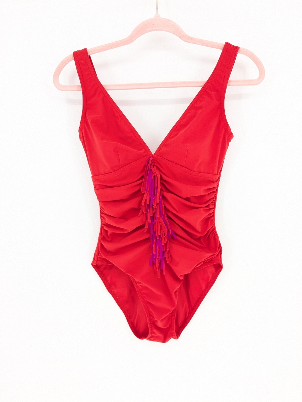 Karla Colletto Cherry Red One Piece Swimsuit Womens Size 10 Fringe Underwired